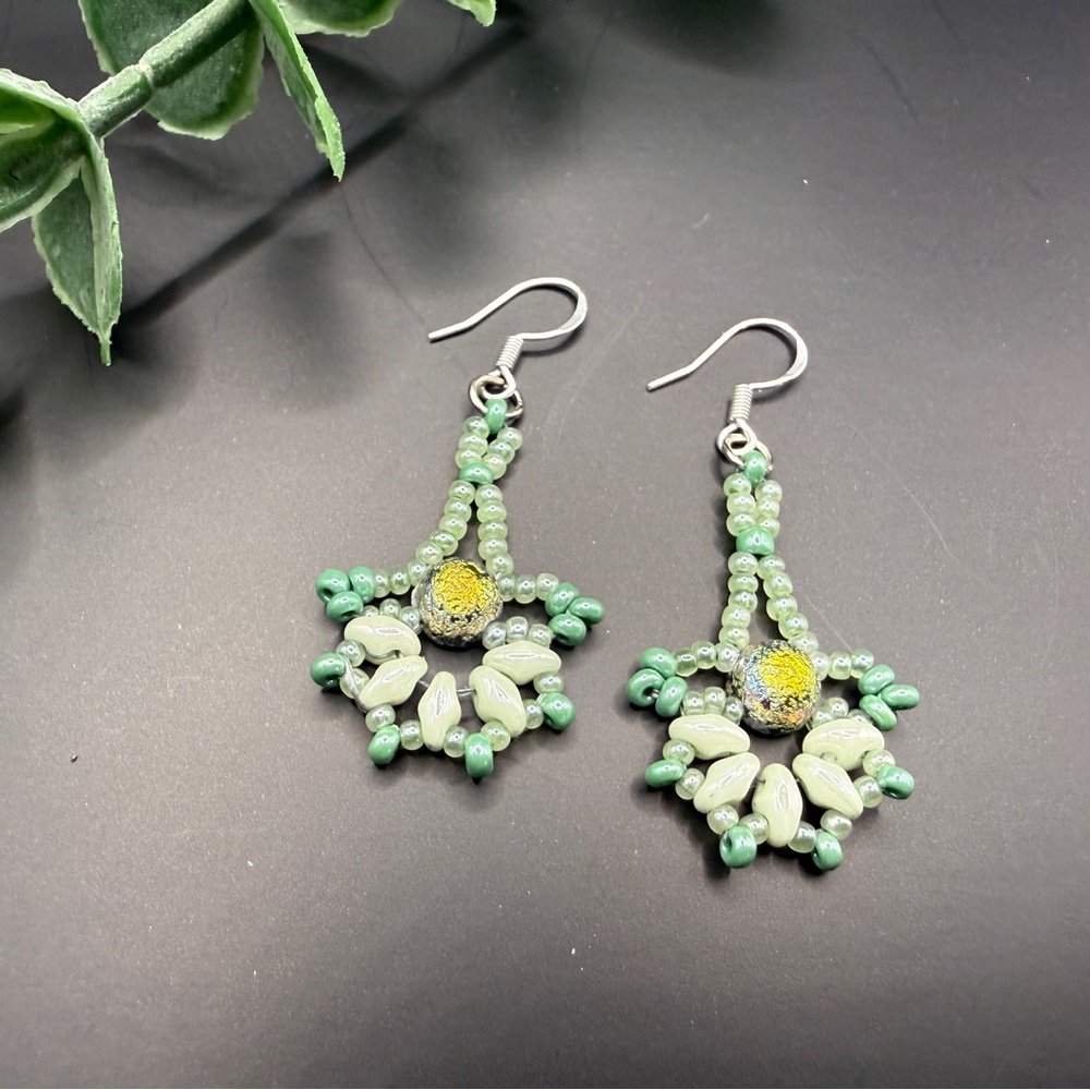 Green Beaded Dangle Earrings with Yellow Accent